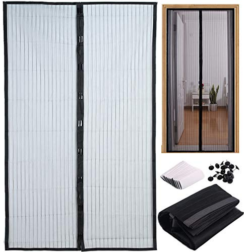 Mosquitera para puerta 210 x 100 cm con imán, cortina mosquitera de 2 piezas para puertas de terraza, balcones, habitaciones de interior y uso exterior