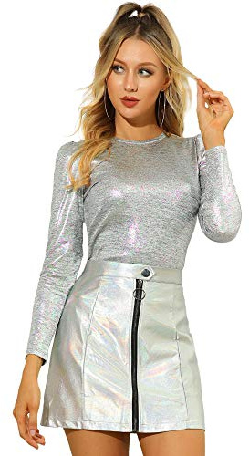 Allegra K Damen Bluse Metallic Langarm Party Rundhals Elegant Glitzer Club Oberteil Top Silber XS