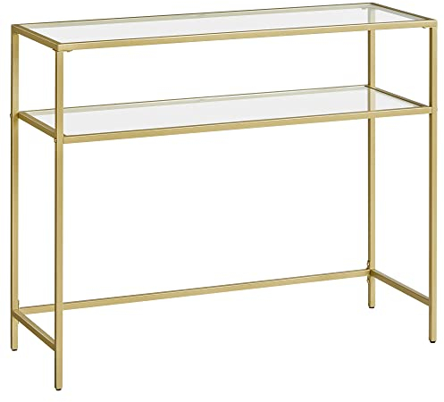 VASAGLE Consolle Ingresso, Tavolo Consolle, Piano in Vetro Temperato, Telaio Robusto e Stabile, Piedini Regolabili, per Soggiorno, Corridoio, Color Dorato e Trasparente LGT025A01