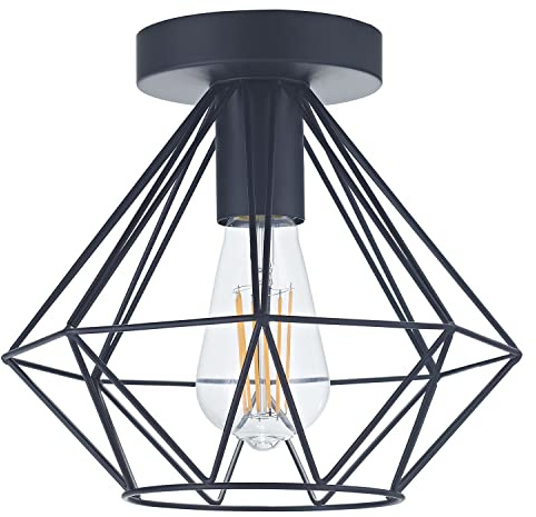 Happy Homewares Industrial Basket Cage Designed Matt Black Metal Semi Flush Ceiling Light Fitting | 60w Maximum | 25cm Height | Dimmable