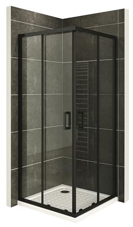 Mampara de Ducha Diana 80x80x190cm, REVERSIBLE, Puertas Correderas, Ajuste 77.5-79.5x77.5-79.5cm, Perfiles Negros, Cristal Templado Transparente 6mm