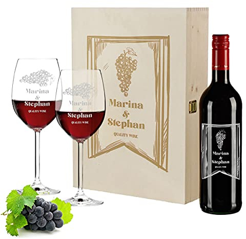 polar-effekt Wein Geschenkset 4-TLG | 2X personalisierte Weingläser, 700 ml Weinflasche und Holzkiste | Pierre Laforest | Hochzeit | Mann, Frau | Motiv Quality Wine