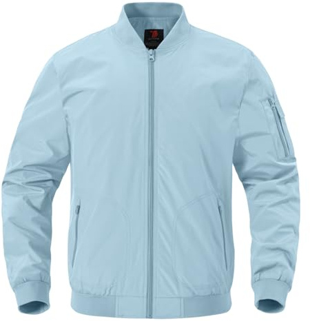 YSENTO Herren Windbreaker Übergangsjacke Leichte Bomberjacke Militär Fliegerjacke Stehkragen Blouson mit Reißverschlusstaschen(Hellblau,2XL)
