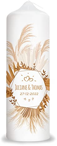 GRAVURZEILE Vela impresa – Tropical Hierba de las Pampas – Vela personalizada con nombre y fecha – Regalo para bodas a los novios – Vela de pilar de alta calidad blanca 250/80 mm