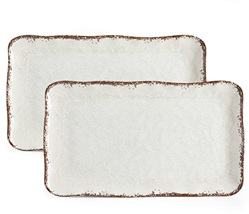 LEHAHA Farmhouse Large Serving Platters, 2 Piece Melamine Dinnerware Set, 17.5 x 10 Inches Vintage Serving Tray, Rectangle White Rustic Trays Set of 2