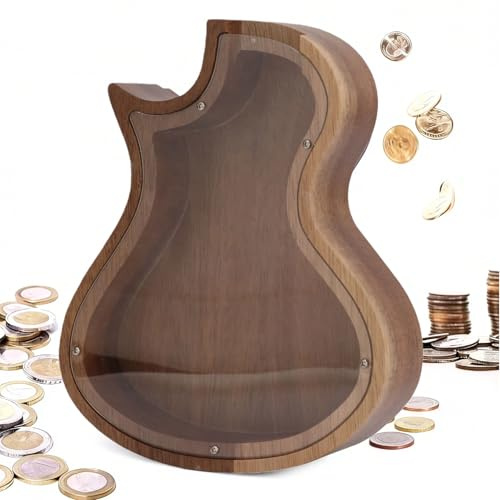 Tirelire en Bois, Tirelire Guitare pour Enfants et Adultes, Boîte à Billets | Grande, Transparente Couvercle, Forme de Guitare, Décoration de Maison et Cadeau d'Anniversaire, 16,6cm