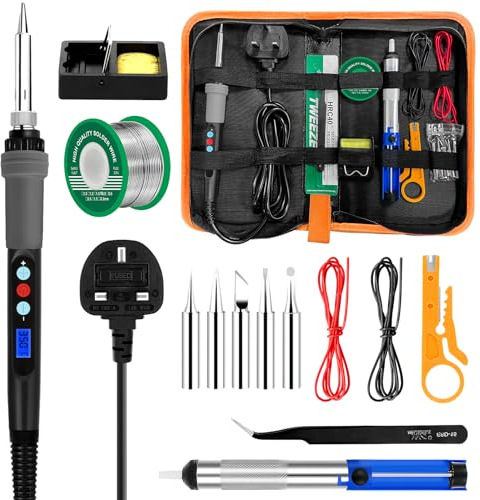 Beizkna Soldering Iron Kit 90W LCD Adjustable Temperature 180-480°C, 16 in 1 Electric Welding Tools, Solder Wire, 5 Tips, Desoldering Pump, Wire Stripper Cutter, Stand, Tweezers, Tool Case, Large