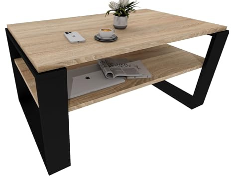 CraftPAK Wohnzimmer Tisch für Couch aus hochwertigem Holz, Stabiler & moderner Couchtisch mit zusätzlicher Ablagefläche, Model Kaja 96, Farbe Bardolino Schwarz
