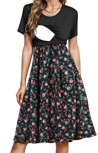 PARNIXS Women's Nursing Dress Summer Short Sleeve Patchwork Pregnancy Clothes with Pockets,M