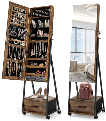 GOPLUS Schmuckschrank mit Spiegel, 360° drehbarer Spiegelschrank mit Schublade, abschließbare Schmuckaufbewahrung mit Rollen (Braun)