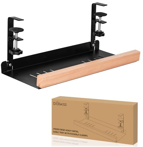Baskiss Under Desk Cable Management Tray, 39.5cm Under Desk Cord Holder for Wire Management, Solid Wood and Heavy Sheet Metal Power Strip Organizer for Desks, Offices and Kitchens (Black)