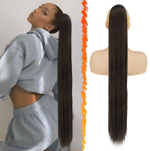 BARSDAR Coda di Cavallo Extension - 86cm Lunga Lisci Capelli Extension Con Coulisse Sintetici Clip in Posticci per Donne - Marrone Scuro