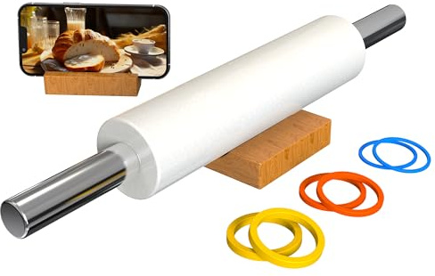 Mepple Marmor-Nudelholz mit Edelstahlgriff für Fondant, Pizza, Kekskruste, Kekse, Gebäck, Nudelholz zum Backen, 47 cm, Marmor-Nudelholz mit 3 mehrfarbigen Stärken und Holzsockel