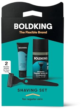 Boldking Set per la cura della barba da uomo, regolare, con rasoi bagnati, 2 lame, gel da barba per uomini e crema dopobarba, set da barba per uomini per la pelle normale