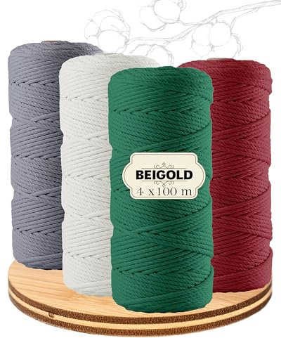 BEIGOLD® Premium Makramee Garn 3mm x 100m -Set Weihnachten (Rot,Grün,Natur,Grau) - Baumwollmischgarn zum Knüpfen von Macrame für Kunst DIY