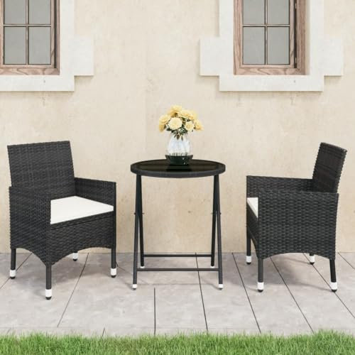 KATERYY 3-TLG. Bistro-Set Poly-Rattan und Hartglas Schwarz,
