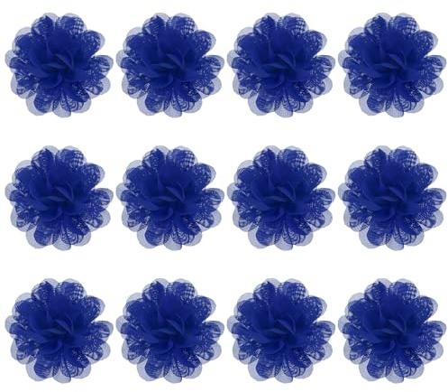 M METERXITY 12-Pack Chiffon Flowers 2.76 x 2.76 Inch Mesh Fabric Flowers Full Chiffon Flowers Hair Clips Flower for Home Decor/Wedding/Headbands/DIY/Party/Garden [Dark Blue]