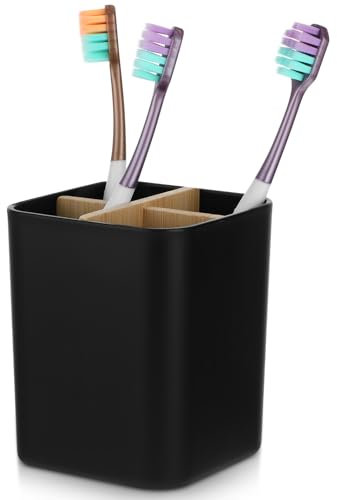 Qianyu Porte-brosse à dents noir avec séparateur en bambou pour salle de bain, 4 emplacements pour brossage, support pour rangement d'accessoires de comptoir