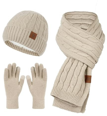 CMZYBBD Mütze, Schal & Handschuh-Sets Für Damen Strickmütze Für Damen, Mütze Für Kaltes Wetter, 3er-Pack, Warme Wintermütze Für Damen, Schal Und Handschuhe, Weich-Khaki-eine Größe