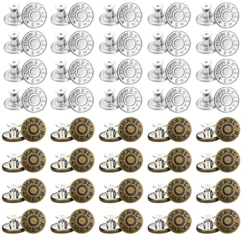 KEYRI 40 Piezas Botones para Jeans 17mm para Sustituir los Botones que Faltan o Ajustar las Correas Desmontable Ajustable para Vaqueros chalecos y bolsos (20 Plata & 20 Cobre)