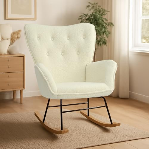 DARDVORLAG Schaukelstuhl – Moderner Relaxsessel aus Holz mit Lammfolle, Ergonomischer Wippsessel für Wohnzimmer & Leseecke, Komfortabel & Pflegeleicht, 150 kg belastbar(Beige, 90CM X 93.5CM X 51CM)
