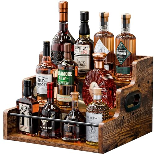 Doaizer Espositore per bottiglie di liquori, scaffale in legno per sciroppo di caffè, 3 gradini, retrò, per liquori, vino, minibar, armadietto per liquori, scaffale da bar per liquori, whisky, liquori
