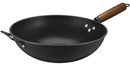 Wok de hierro fundido, sartén sin revestimiento con mango de madera, ideal para cocina china auténtica, esencial de cocina duradera