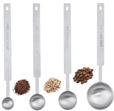 SGERUFZ Conjunto de 4 cucharas de café con mango largo, acero inoxidable 430, 1,25/2,5/5/15 ml, para café molido, té suelto, crema de café y polvo