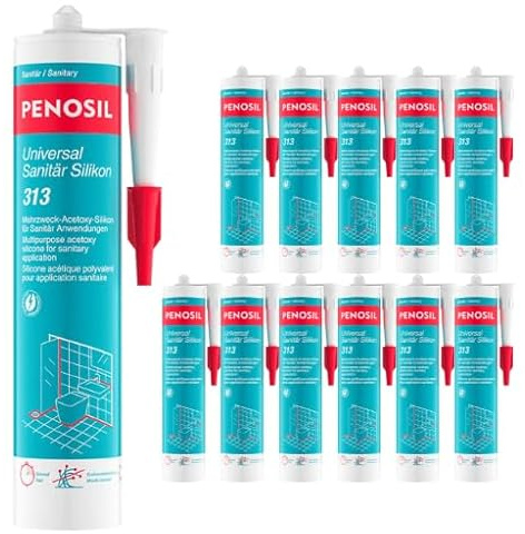 PENOSIL Silicone sanitario universale 313, grigio, 12 x 300 ml, elastico permanente, resistente all'umidità e ai raggi UV, impermeabile in 30 minuti