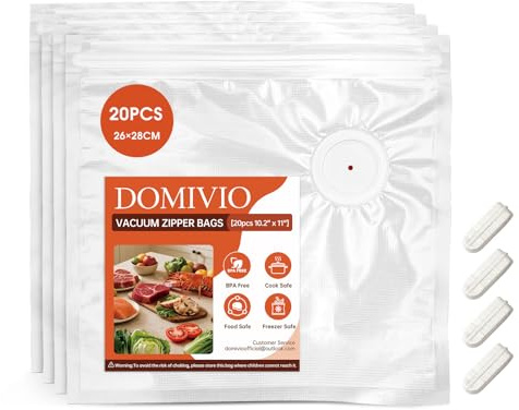 DOMIVIO Reusable Vacuum Sealer Bags, 20 PCS 26 x 28cm BPA-Free Food Storage Bags with Double Zip Seal & Air Valve, Reusable Sous Vide Bags for Meal Prep, Freezer, and Travel