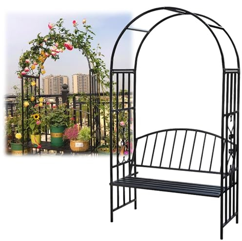 2m Metal Garden Arch with Bench Seat - Steel Support for Climbing Plants 2-Person Outdoor Arbor Pergola Trellis for Lawn Yard Patio Decor (White)