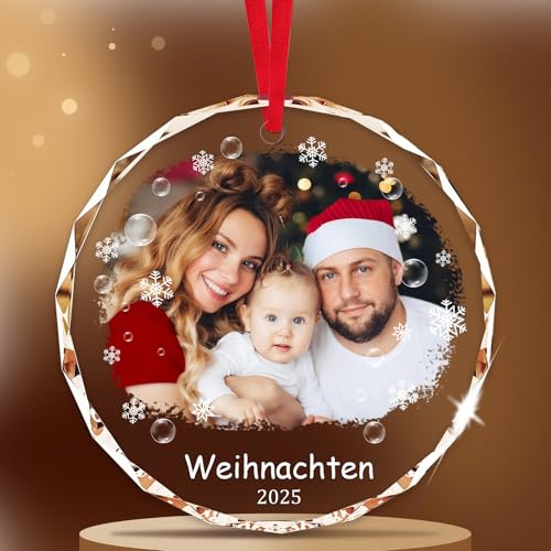 Personalisierte Weihnachtskugel mit Foto, Kristall Foto Weihnachtskugel mit Personalisiertem Bild und Text, 2025 für Familie, Paare, Eltern, Haustiere