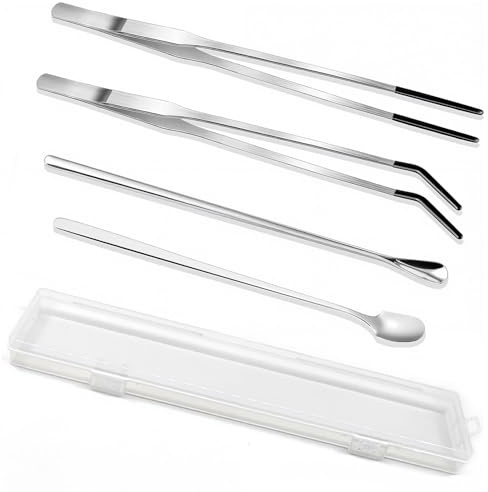4-Piece Stainless Steel Reptile Feeding Tongs & Spoons Set for Bearded Dragons – Curved/Straight Tweezers, Spoons, Rubber Tips, Aquarium/Terrarium Safe Feeding Tools