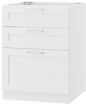 PREMTURE Unterschrank, Küchenschrank, Schubladen Kommode mit 3 Schubladen, Unterschrank mit silbernen Metallgriffen, 60 x 61.5 x 81.5 cm, weiß, MDF