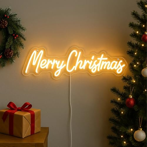Garden Mile Merry Christmas Neon LED Sign Light - Warm White Xmas Rope Light Decoration, USB Powered with 3 Brightness Modes - Christmas Neons Sign for Wall Decor - Indoor Festive Home Decor