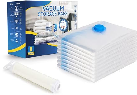 Vacuum Storage Bags for Clothes, Bedding, Duvets and Blankets, Heavy-Duty Space Saver Compression Bags with Airtight Double-Zip Seal, Leak-Proof Reusable Design, Hand Pump Included (8 Jumbo-100x70cm)
