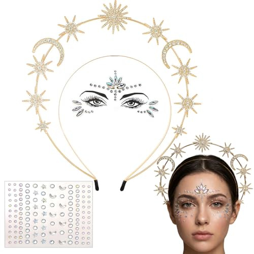 ENYACOS Sonne Mond Sterne Haarreif Gold + Face Gems & Glitzersteine – Strass Göttin Kopfschmuck Damen – Himmlischer Haarschmuck & Gesichtstattoo für Fasching, Karneval, Festival & Silvester (A)