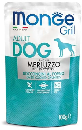 Monge Grill Bocconcini Ricco in Merluzzo per Cani Adulti, Senza Cereali, 100g, 24 bustine