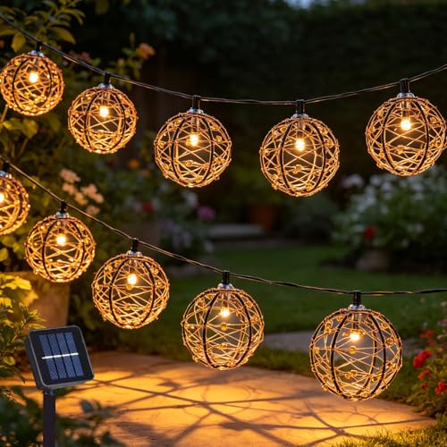 CHENBOOW Catena Luminosa Esterno Solare,Luci Solari da Giardino,Catene Luminose da Esterno,Catena di Luci Solari per Esterno in Rattan,Luci a LED a Energia Solare,per Esterni,Giardino,Balcone