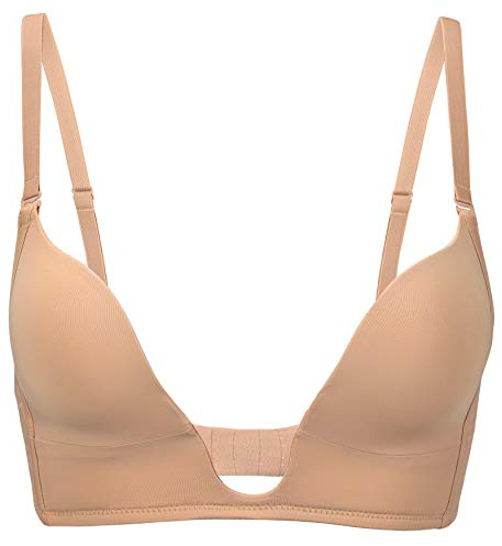 DotVol Women's Deep U Plunge Bra Backless Push Up Low Cut(38C, Beige)
