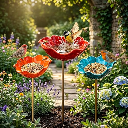 Vogeltränke Metall Futterstation Vögel Gartenstecker,Vogeltränke Winterfest Für Den Garten,Bienentränke Blume Insektentränke Flower Garden Stake Bird Bath, Gartens Für Bienens Schmetterlingstränke (B)