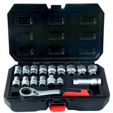 CCLIFE Juego de llaves de vaso pasante (17 piezas, 10-24 mm) | Diseño de paso | tornillos largos y pernos | trinquete compacto | acero CrV | Extensión y adaptador