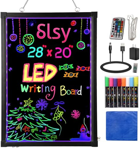 Slsy LED Writing Board 28x20, Erasable Light-Up Message Display, 12 Colors & 26 Modes, Reusable LED Menu Sign with 8 Markers for Doodle, Illuminated Sign Board for Restaurants, Bars, Classrooms