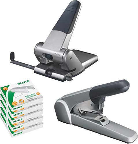 Leitz Extrastarker Registraturlocher, 65 Blatt, Anschlagschiene mit Formatvorgaben, Aluminium-Druckguss, Silber, 51800084 (Silber | Set mit Hefter und Klammern)