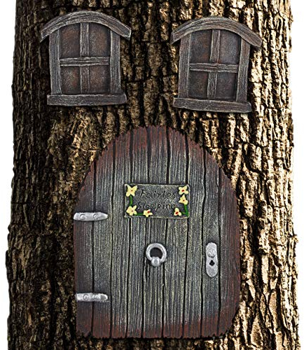 Relaxdays, marron Décoration pour tronc d‘arbre, maison de lutins, elfes, fées, déco de jardin féerique, porte, fenêtres