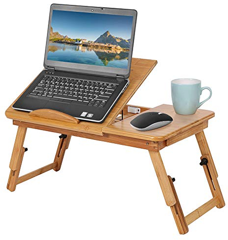 Ejoyous Klappbarer Bambus Betttisch, Verstellbar 5 Neigungswinkel Laptoptisch Notebooktisch Lapdesks mit Schublade und Lüftungsschlitze für Schule Schlafzimmer oder Büro