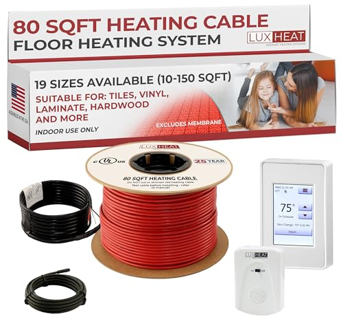 LuxHeat 80sqft Floor Heating Cable Kit - 120v Floor Heating System Under Tile, Vinyl, Laminate - Heated Flooring System Includes UDG4 Programmable Thermostat w/GFCI, Cable, Alarm & Flooring Sensor