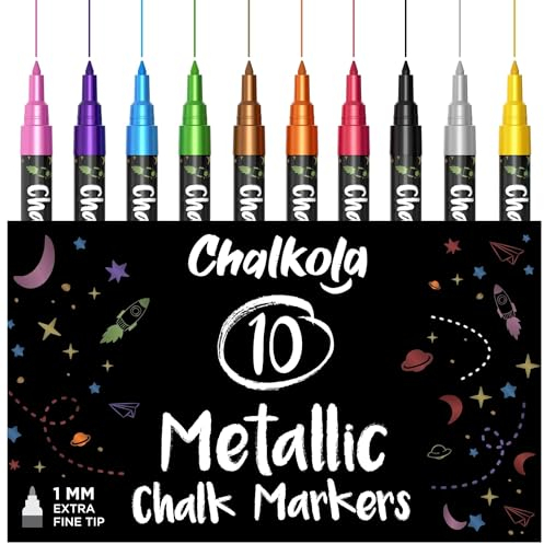 Chalkola Kreidestifte für Tafel Abwaschbar | 10 Metallic Stifte 1mm Extra Feine Spitze | Kreide Stift für Fenster, Tafel, Whiteboard & als Glasstift. Chalk markers für Erwachsene & Kinder
