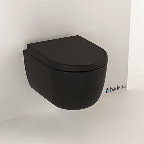 Hänge WC spülrandlos schwarz matt I Wand WC Tiefspüler hängend randlos I inkl. Schallschutz und abnehmbaren WC-Sitz mit Softclose Absenkautomatik I Spülrandlose Toilette wandhängend I 49x36x33cm