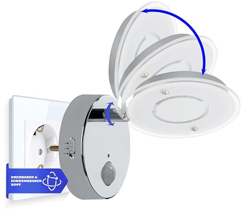 Trango 2636-018 LED Sensor Nachtlicht *NITE* in Chrom mit Automatikfunktion direkt 230V mit Bewegungssensor I Sicherheitslicht I Steckdose Lampe I Wandlampe I Kinder Nachtlampe